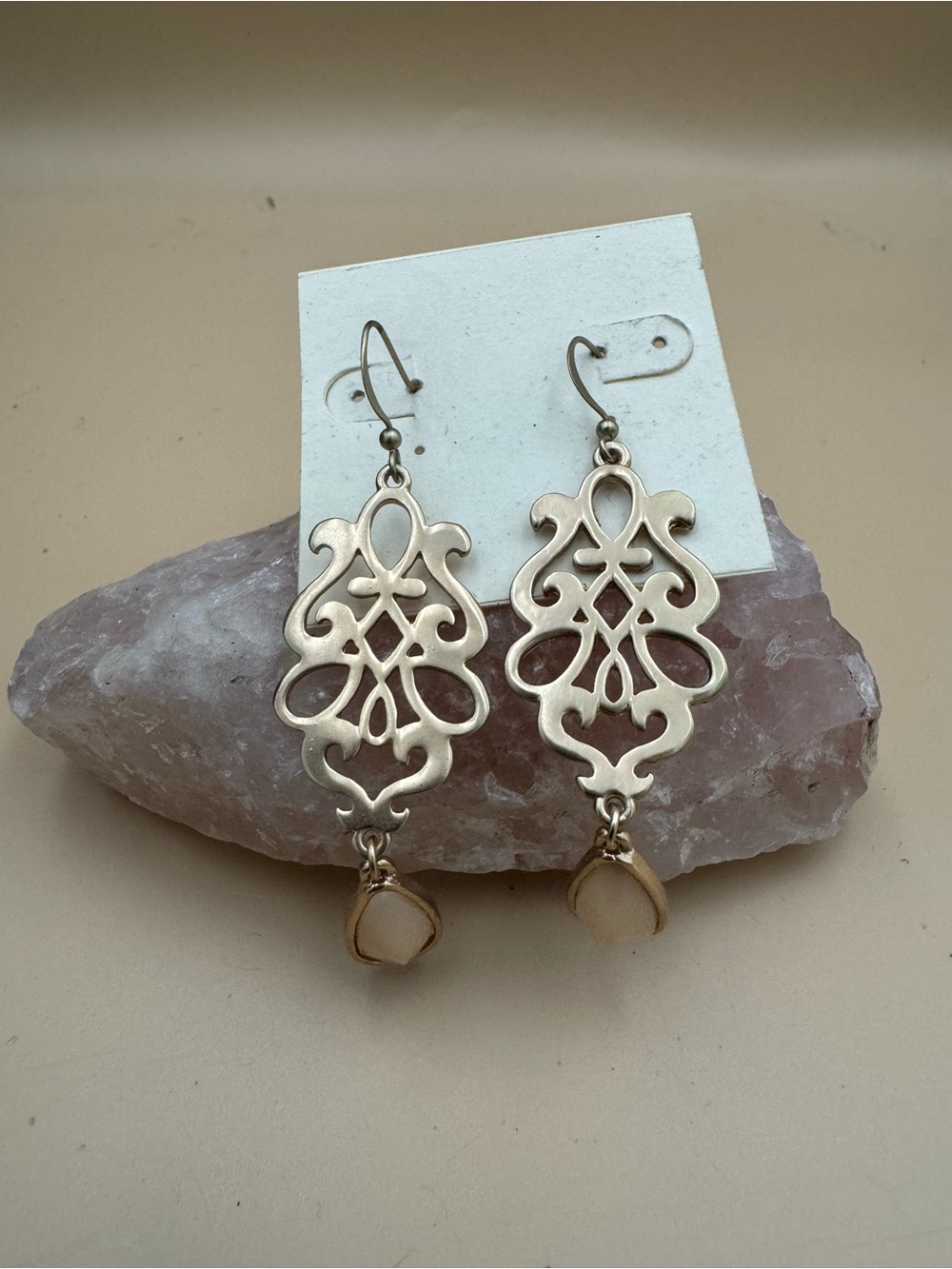 Gold Filigree Drop Earrings with Cream Stone Accent 155